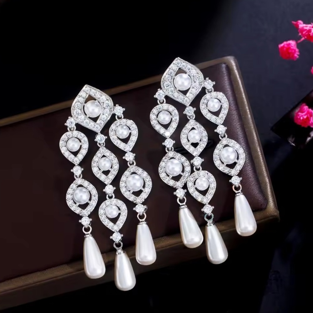 Elegant Cubic Zirconia Pearl Drop Statement Earrings Perfect for Special Occasio - Picture 11 of 12